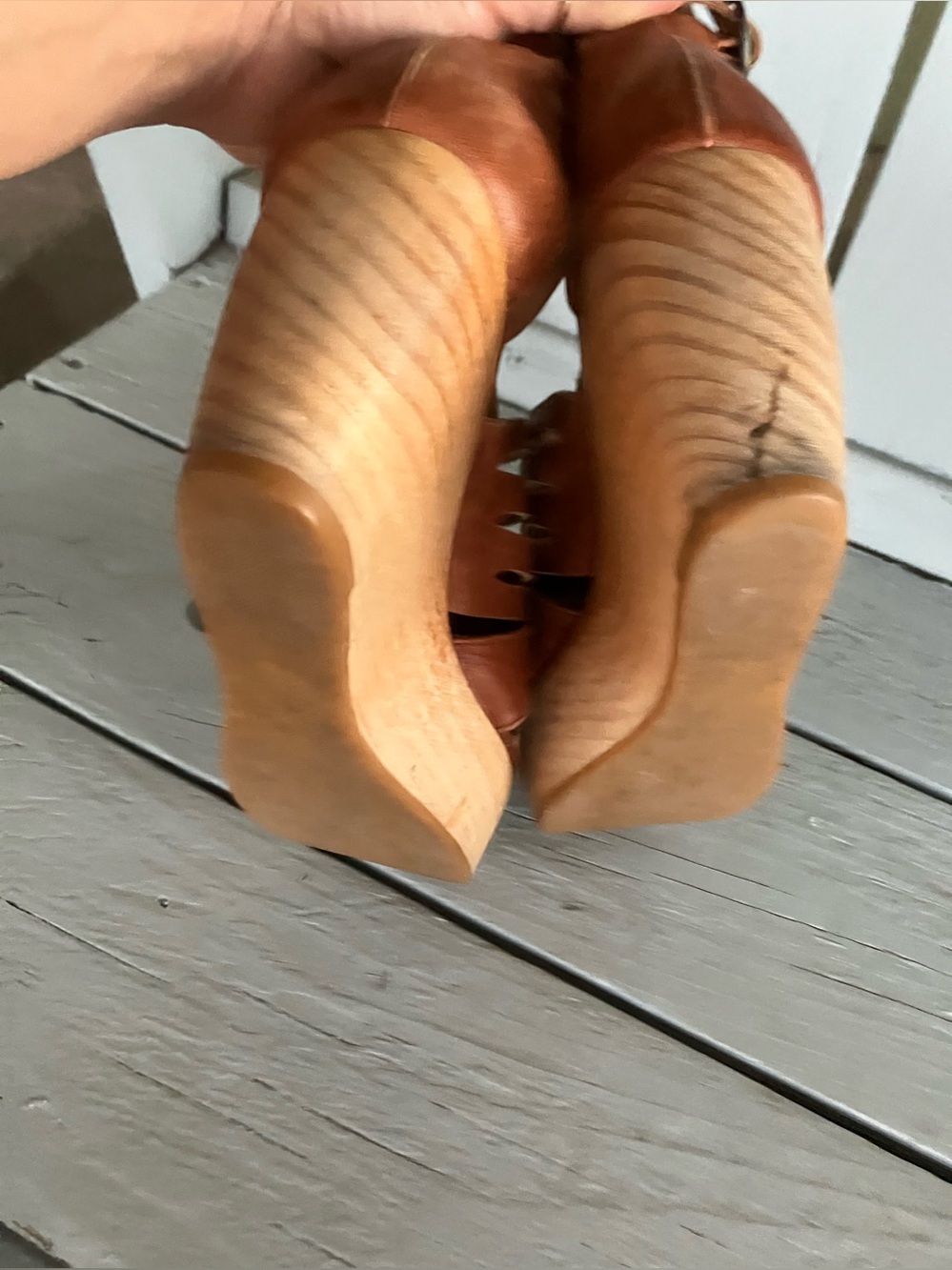COCLICO Soft Brown Leather Strappy Wedge Sandals Wood Clog - Picture 5 of 15